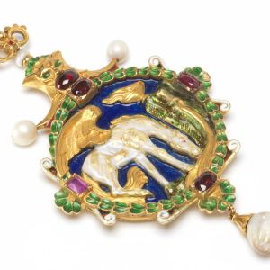 Pendant: Pegasus Drinking from the Fountain of Hippocrene. Carlo & Arthur Giuliano & Ricketts, Charles de Sousy (British, 1866-1931). Pendant of gold and enamel set with pearls, decorated on the front